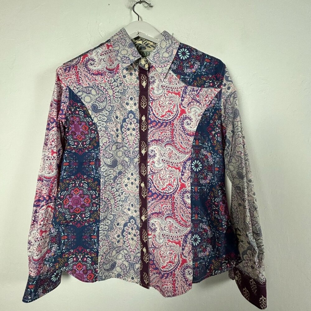 Vintage Dover Saddlery Womens Paisley Patchwork Button-Up Shirt Medium Blue/Pink